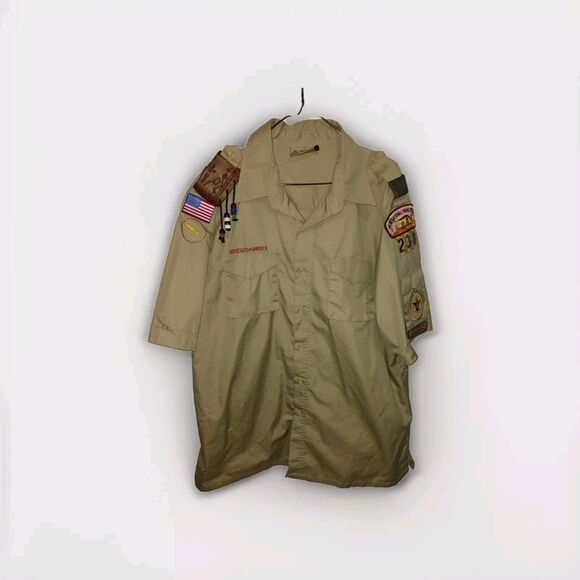 Boy Scouts of America BSA Shirt Mens XL Beige Patches Assistant Scoutmaster USA - Picture 1 of 15